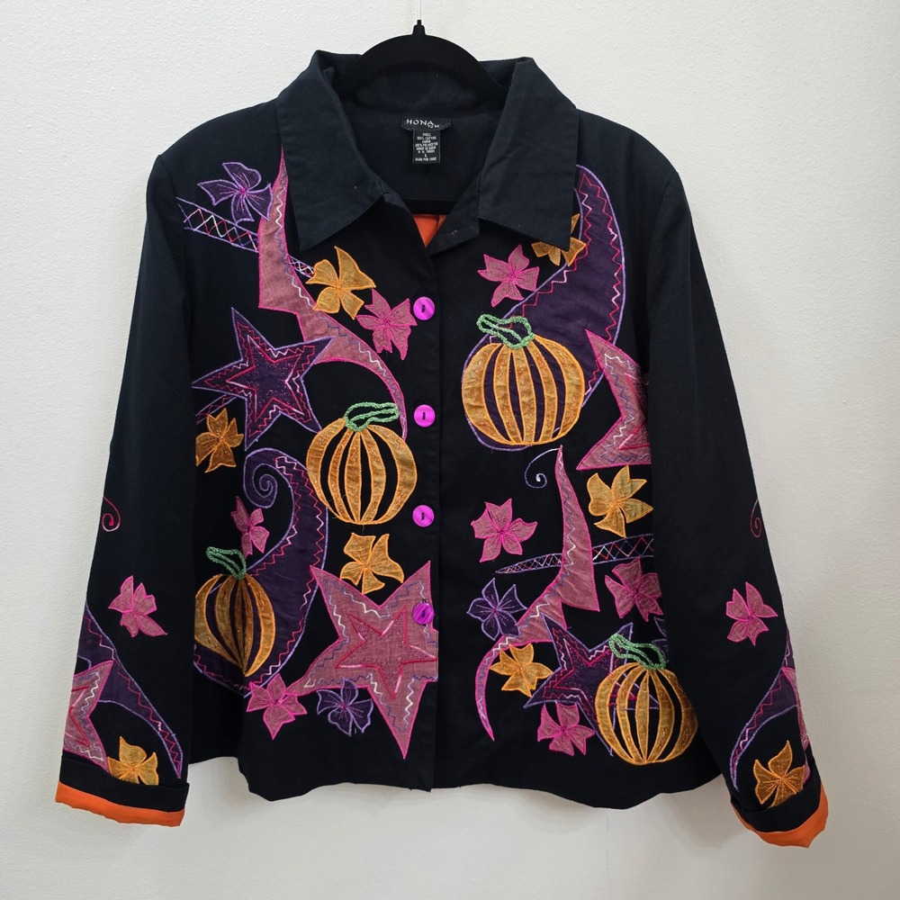 Hona To Be Fall Harvest Pumpkin Embroidered Jacket Black Cotton Womens Large
